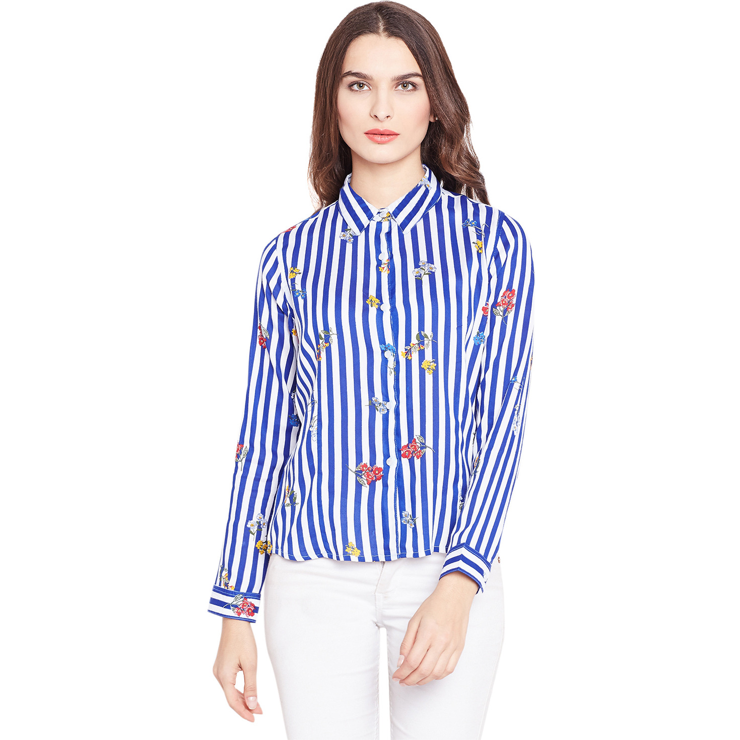 Purplicious Blue and White Floral Striped Casual Shirt