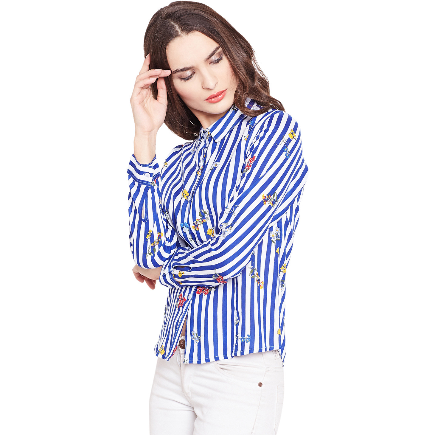 Purplicious Blue and White Floral Striped Casual Shirt