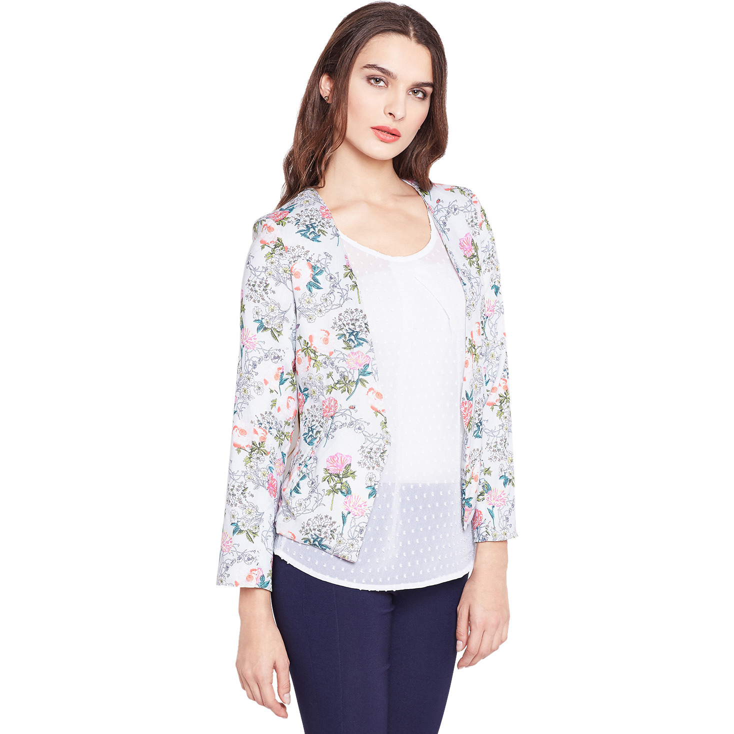 Purplicious Grey Floral Printed Cotton Front Open Blazer