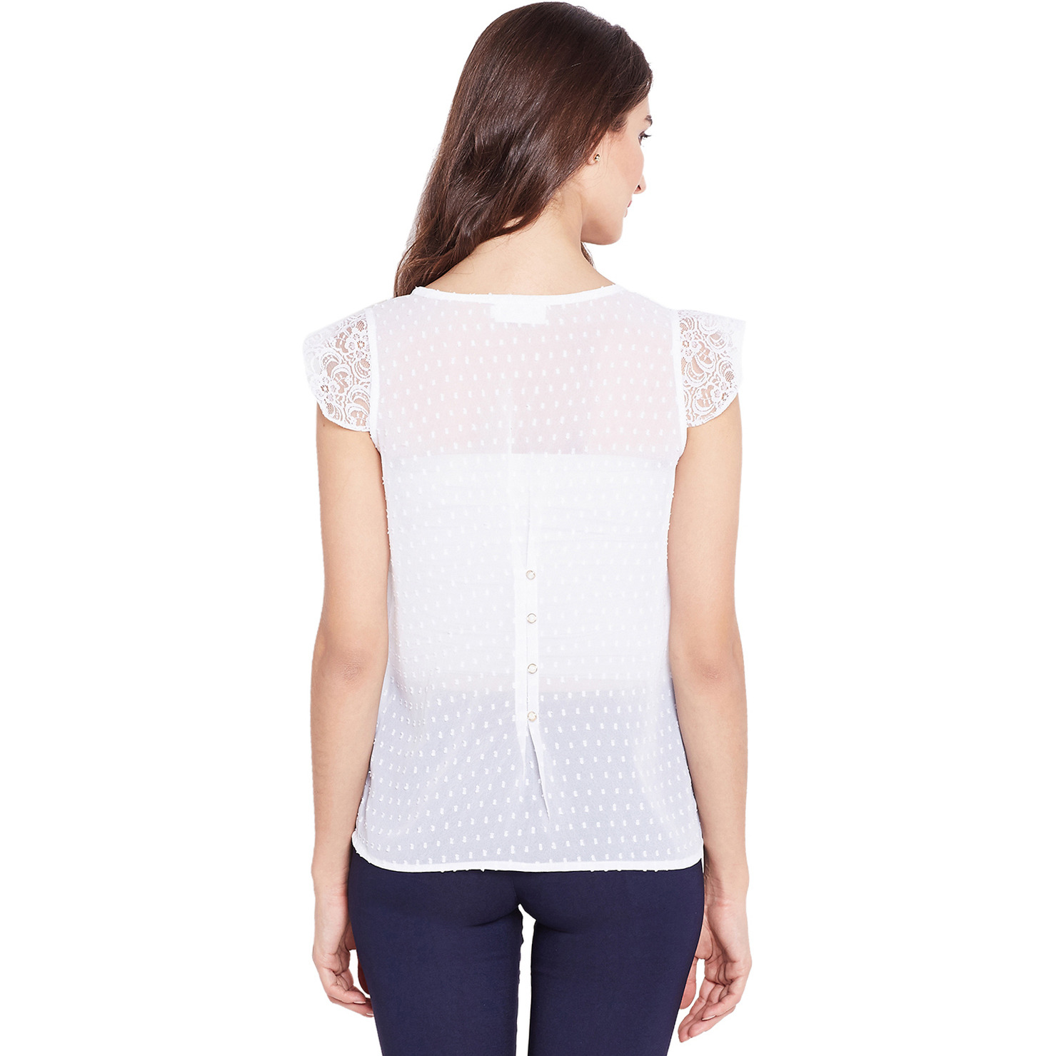 Purplicious White Swiss Dot Chiffon Top With Buttons On The Back And Lace