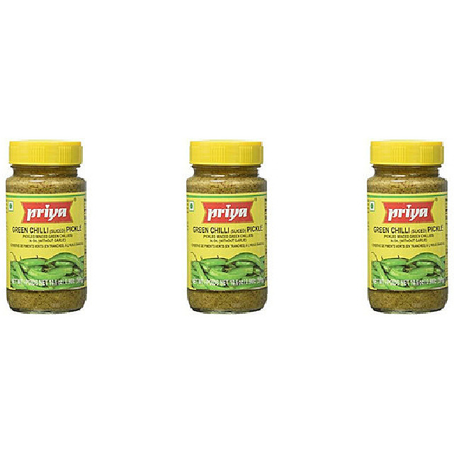 Pack of 3 - Priya Green Chilli Pickle Without Garlic - 300 Gm (10.58 Oz)