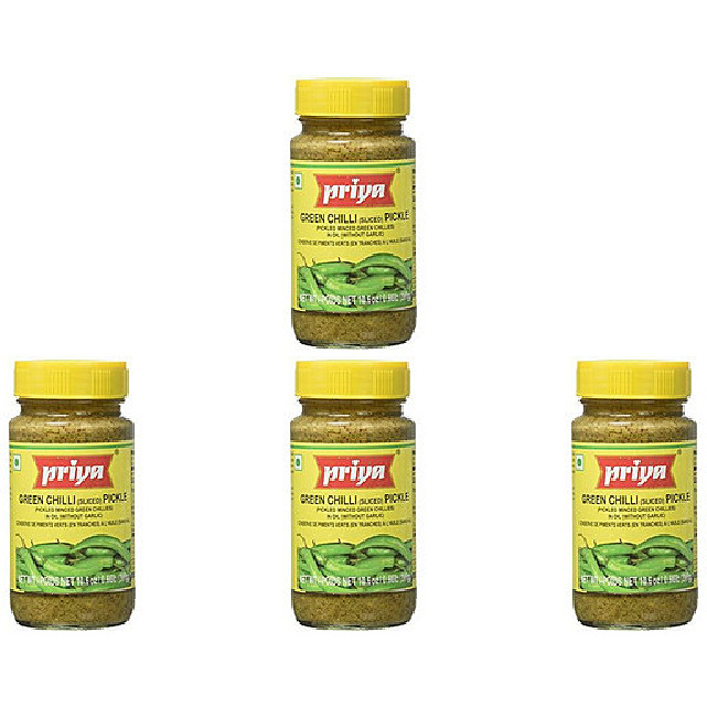 Pack of 4 - Priya Green Chilli Pickle Without Garlic - 300 Gm (10.58 Oz)