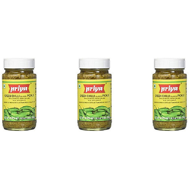 Pack of 3 - Priya Green Chili With Garlic Pickle - 300 Gm (10.58 Oz)
