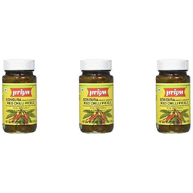 Pack of 3 - Priya Gongura Red Chilli Pickle With Garlic - 300 Gm (10.58 Oz)