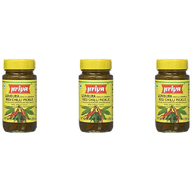 Pack of 3 - Priya Gongura Red Chilli Pickle Without Garlic - 300 Gm (10.58 Oz)