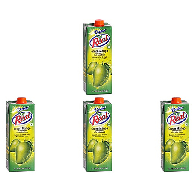 Pack of 4 - Dabur Real Green Mango Aampanna Fruit Juice Drink - 1 L (33.8 Fl Oz)
