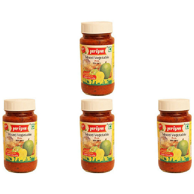 Pack of 4 - Priya Mixed Vegetable Pickle Extra Hot With Garlic - 300 Gm (10.6 Oz)