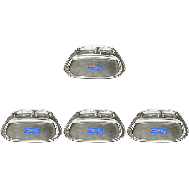 Pack of 4 - Super Shyne Stainless Steel 3 Section Rectangular Lunch Tray - 10.75 Inch X 9.5 Inch