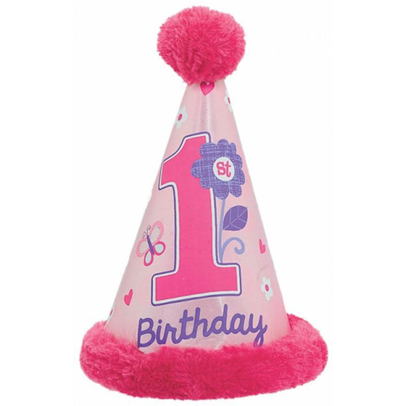 Sweet Girl 1st Birthday Hat ,Flowers & Butterflies with Faux Fur Trim measures 8 1/2in tall.