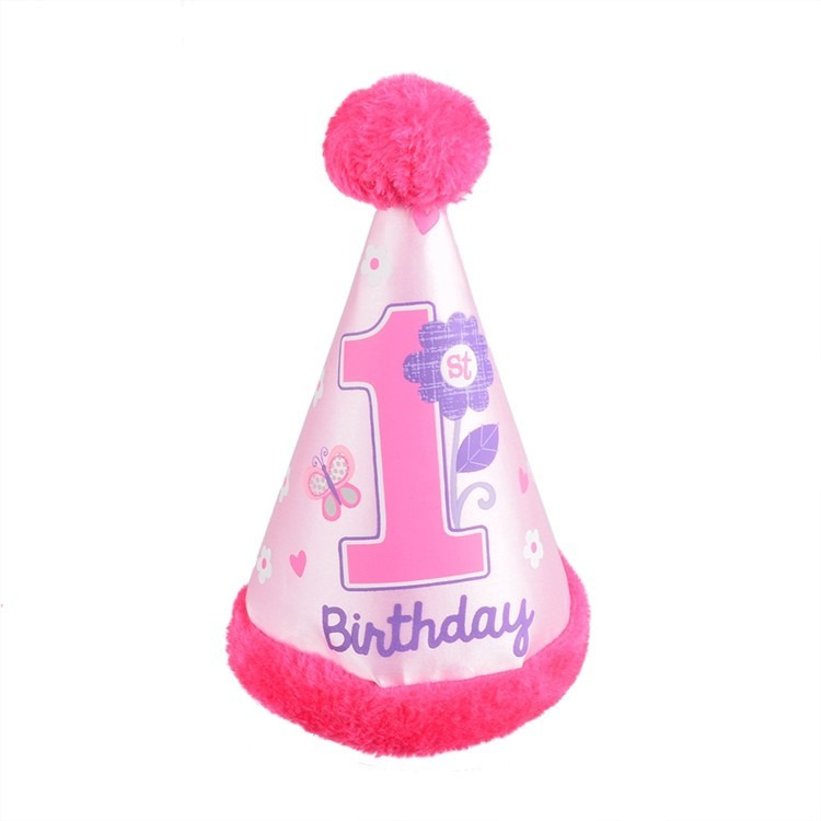 Sweet Girl 1st Birthday Hat ,Flowers & Butterflies with Faux Fur Trim measures 8 1/2in tall.