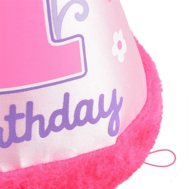 Sweet Girl 1st Birthday Hat ,Flowers & Butterflies with Faux Fur Trim measures 8 1/2in tall.
