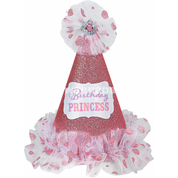 Birthday Princess Cone Hat with ruffles,Metallic Pink & White 9 inch x 8 inch
