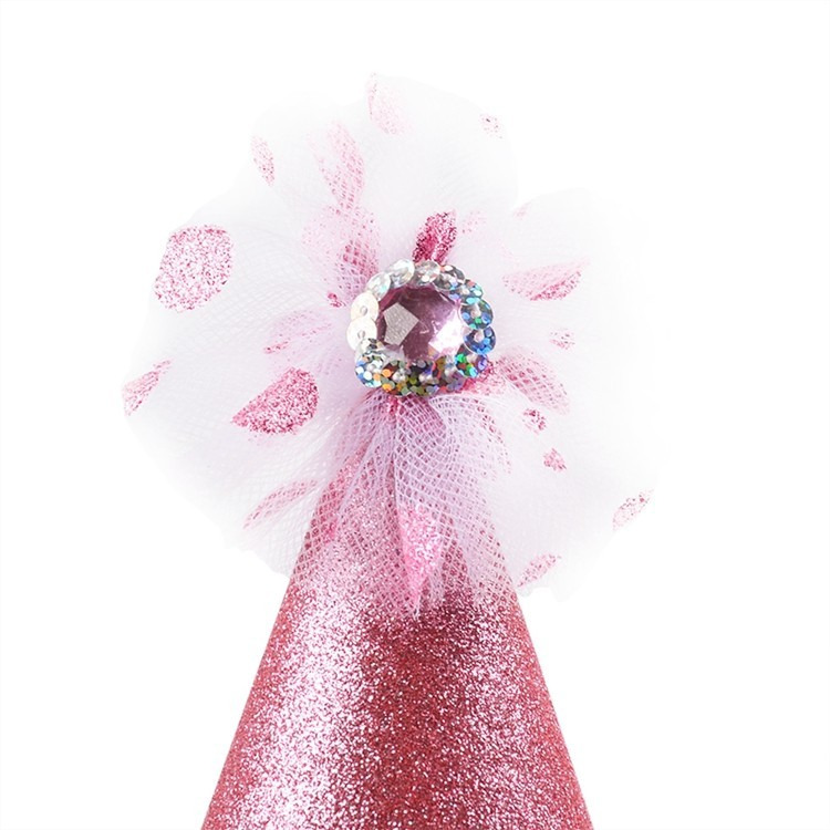 Birthday Princess Cone Hat with ruffles,Metallic Pink & White 9 inch x 8 inch