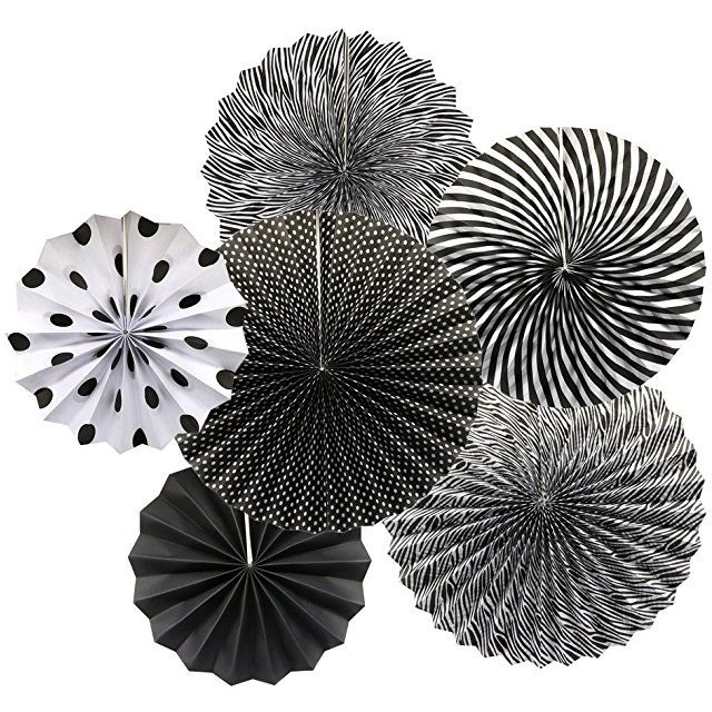 Wanna Party Black Paper Fan Decorations Round Pattern for Birthdays,Weddings,Graduation Party 8 inch,12 inch,16 inch -6 PCS