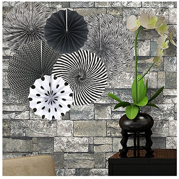 Wanna Party Black Paper Fan Decorations Round Pattern for Birthdays,Weddings,Graduation Party 8 inch,12 inch,16 inch -6 PCS