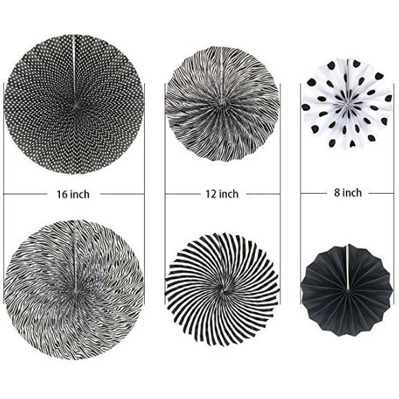Wanna Party Black Paper Fan Decorations Round Pattern for Birthdays,Weddings,Graduation Party 8 inch,12 inch,16 inch -6 PCS