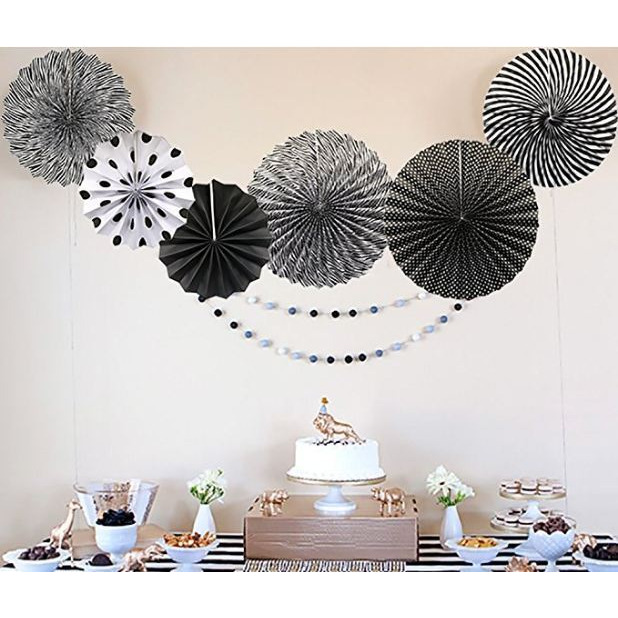 Wanna Party Black Paper Fan Decorations Round Pattern for Birthdays,Weddings,Graduation Party 8 inch,12 inch,16 inch -6 PCS
