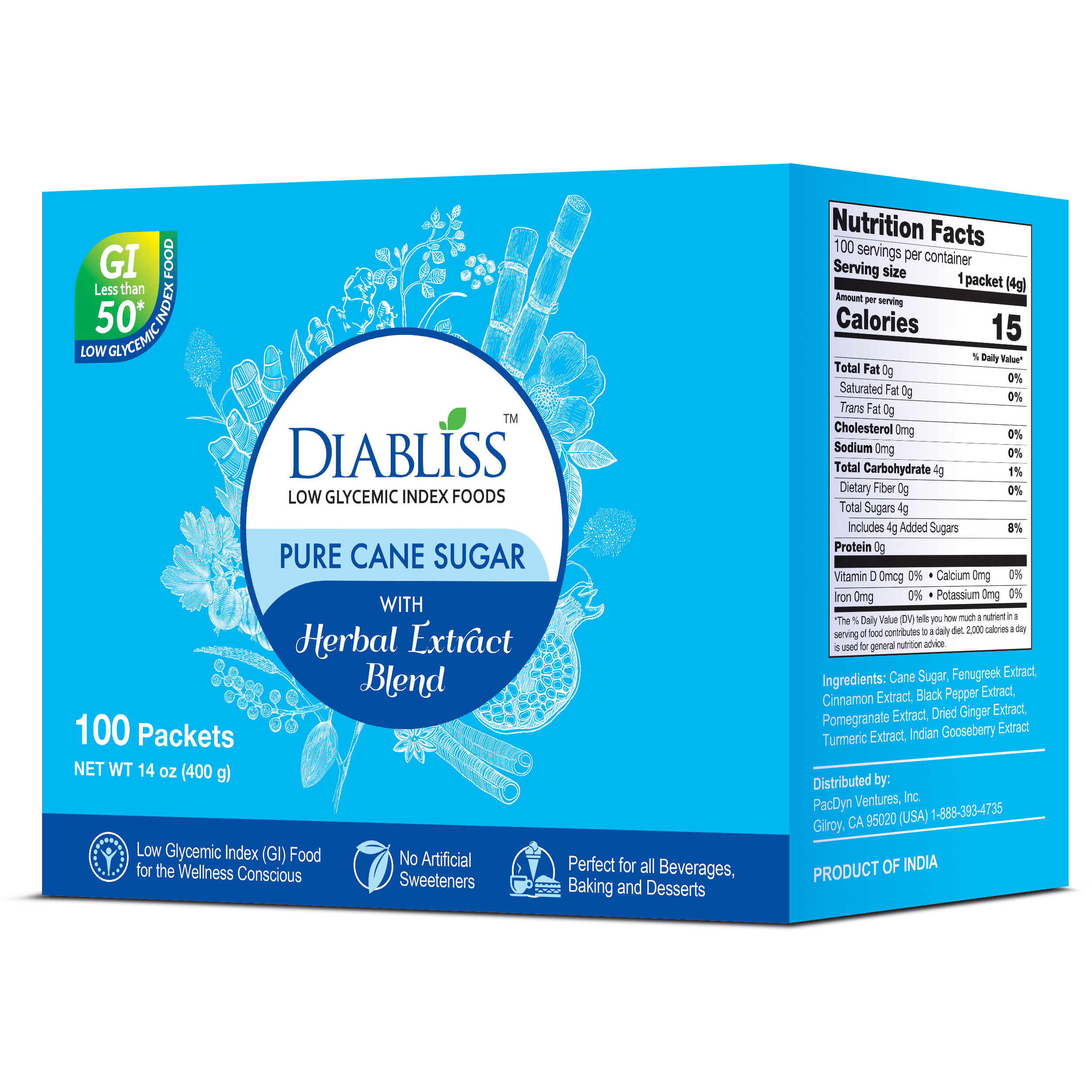 Pure Cane Sugar with Herbal Extract Blend - Individual Sachets - 100 ct