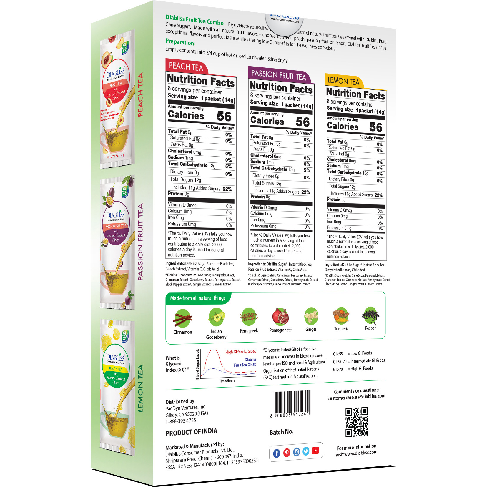 Fruit Black Tea Premix Variety Pack -  Lemon, Peach & Passion Fruit - Low Glycemic Index - 24 ct