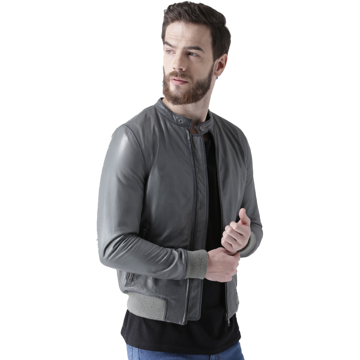 Bareskin Mens Grey Color Banned Collar Leather Jacket For Bareskin Mens Grey Color Banned Collar Leather Jacket For Men