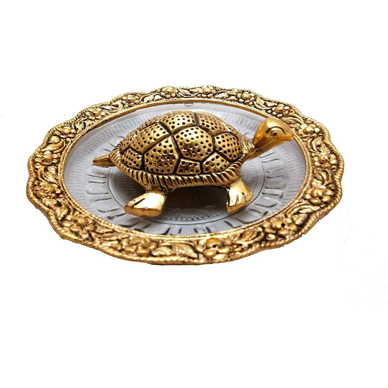 Metal Feng Shui Tortoise Om Plate Showpiece for Good Luck (Tortoise on Glass Plate 6 inch)
