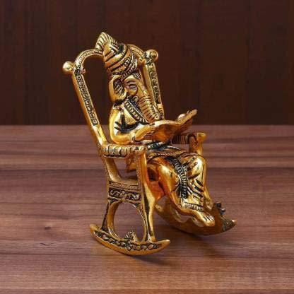 Antique Brass 3D Moving Lord Ganesha Statue Sitting on A Chair and Reading Ramayan