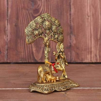 Metal Krishna with Cow Standing Under Tree Plying Flute Decorative Showpiece - 17 cm (Metal, Golden Colour)