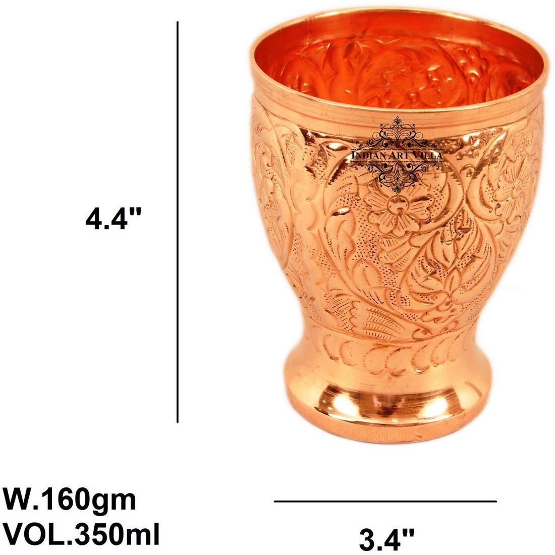 IndianArtVilla Big Flower Design Pure Copper Glass Tumbler (chauda Matha) 11 Oz