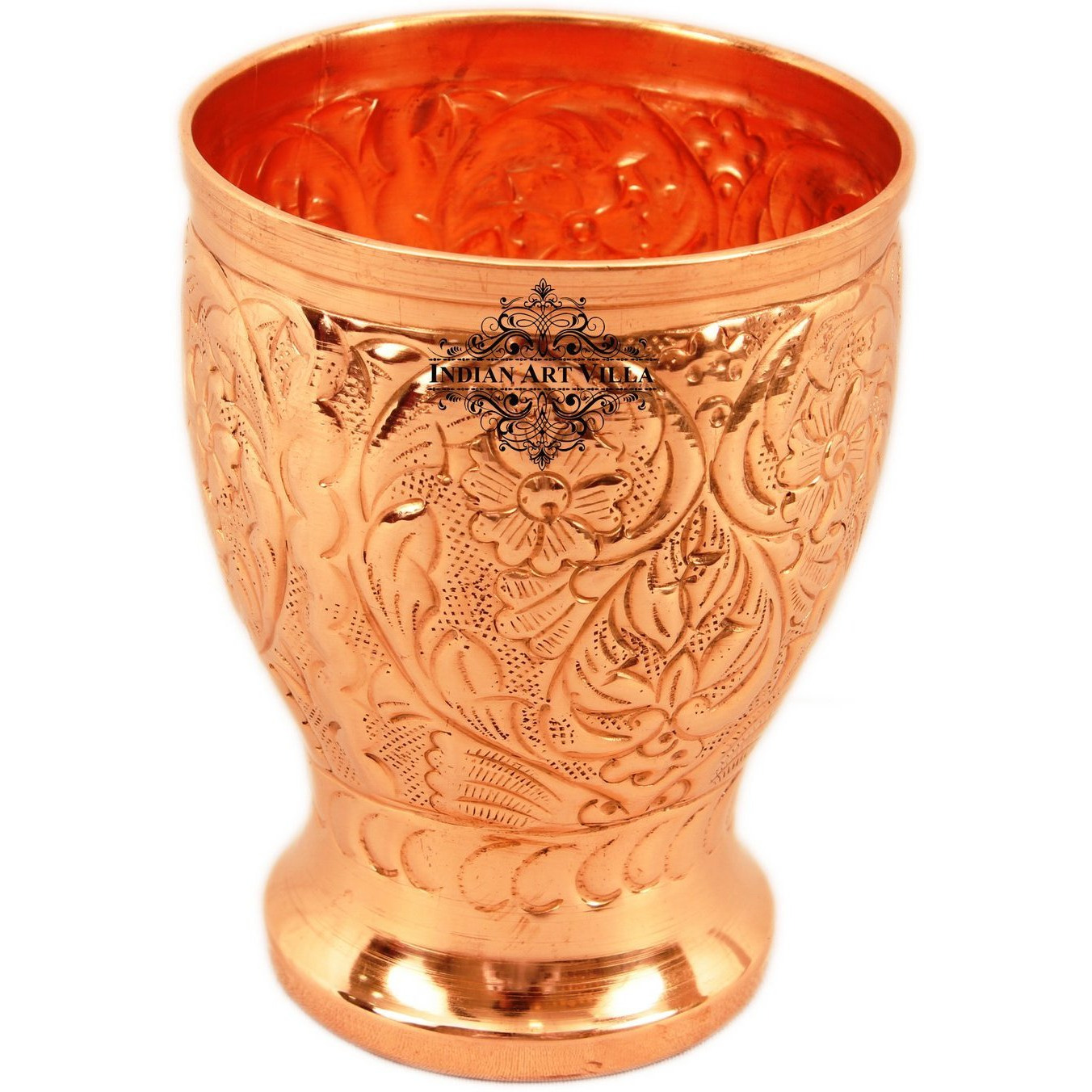 IndianArtVilla Big Flower Design Pure Copper Glass Tumbler (chauda Matha) 11 Oz