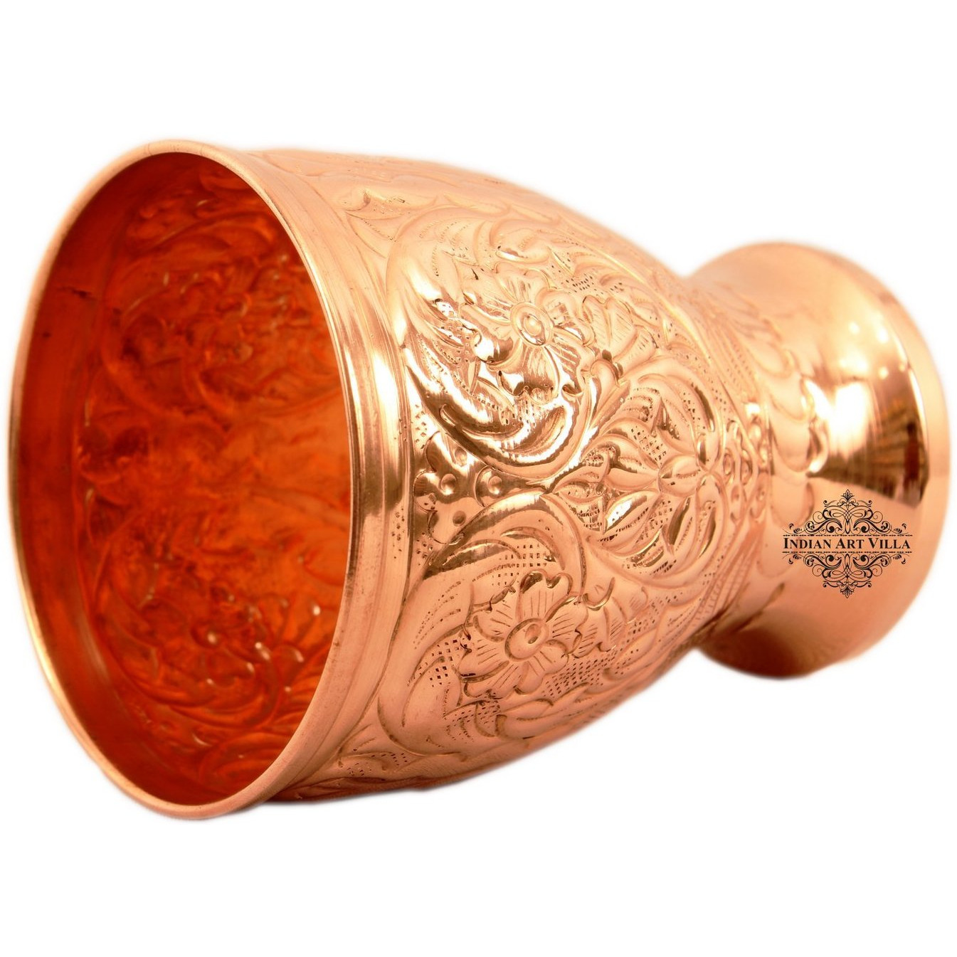 IndianArtVilla Big Flower Design Pure Copper Glass Tumbler (chauda Matha) 11 Oz