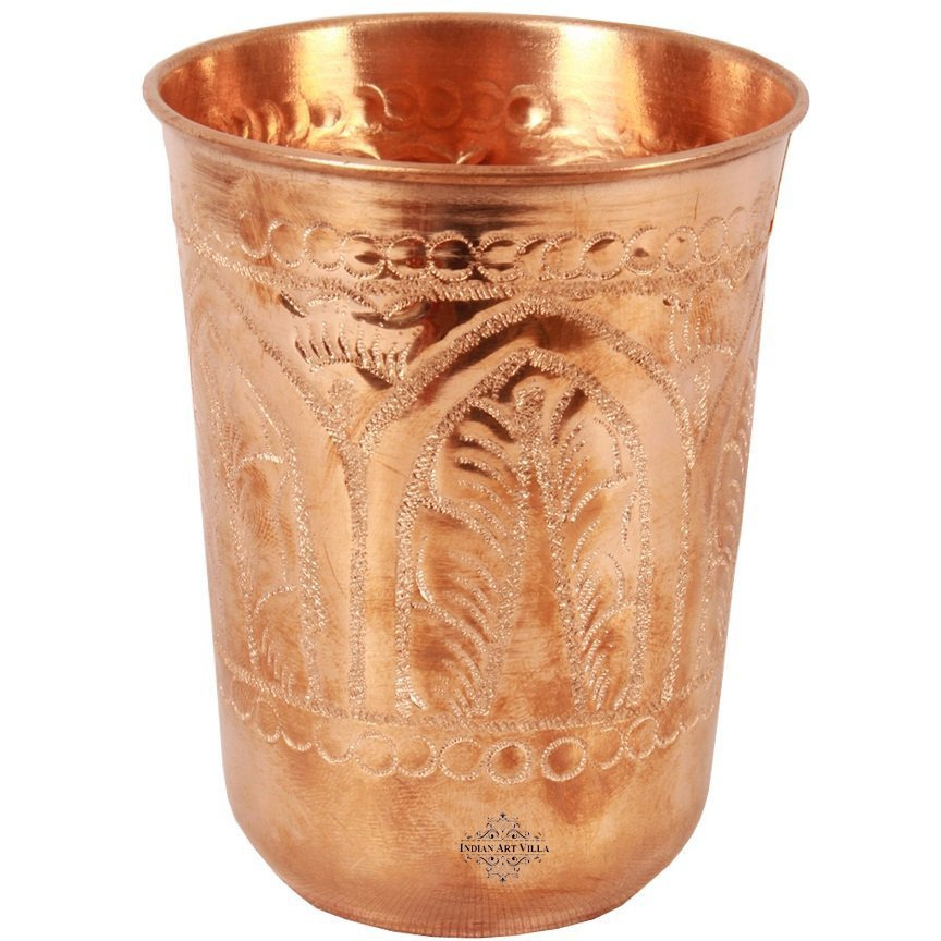 IndianArtVilla Copper Glass Tumbler Regular Leaf Design 11 Oz