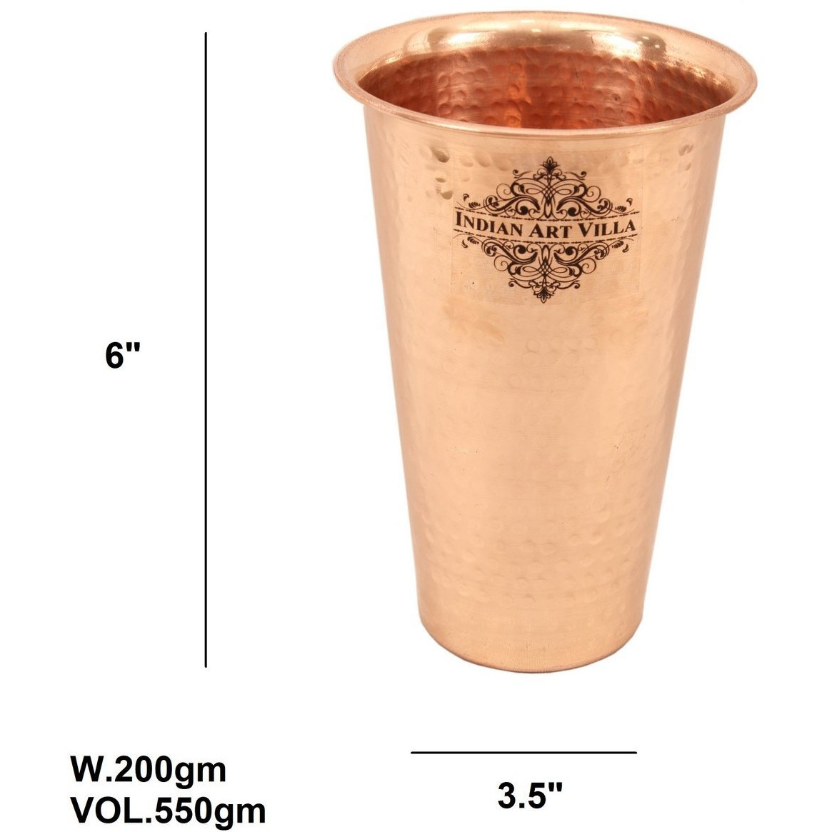 IndianArtVilla Big Copper Hammered Design Glass Tumbler 18 Oz