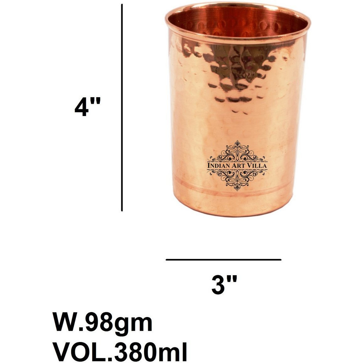 IndianArtVilla Flate Copper Hammered Design Glass Tumbler 12 Oz