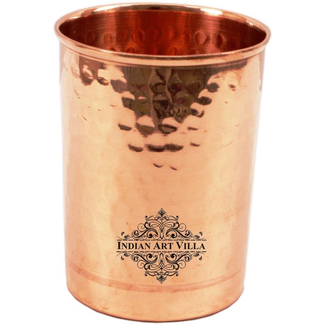 IndianArtVilla Flate Copper Hammered Design Glass Tumbler 12 Oz