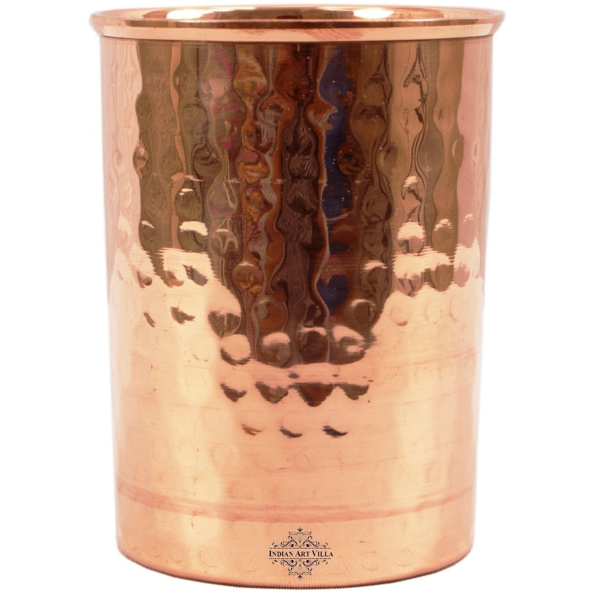 IndianArtVilla Flate Copper Hammered Design Glass Tumbler 12 Oz