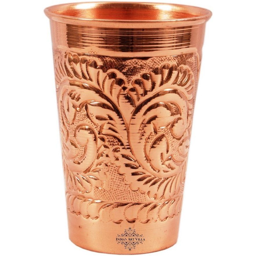 IndianArtVilla Copper Designer Glass Tumbler 11 Oz