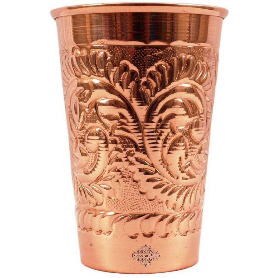 IndianArtVilla Copper Designer Glass Tumbler 11 Oz