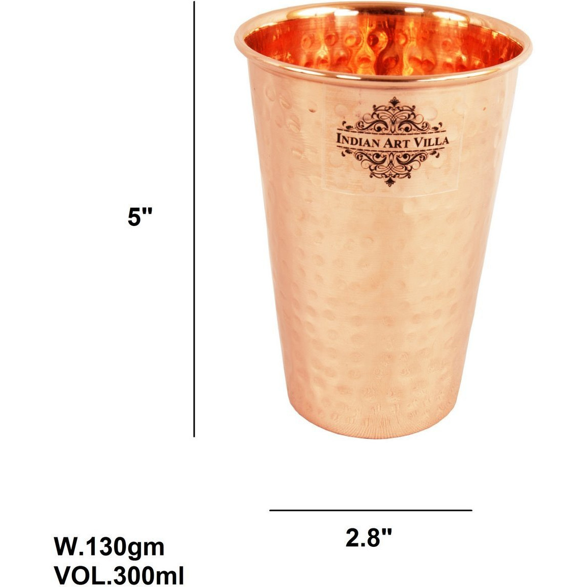 IndianArtVilla Pure Copper Medium Hammered Design Glass Tumbler 10 Oz