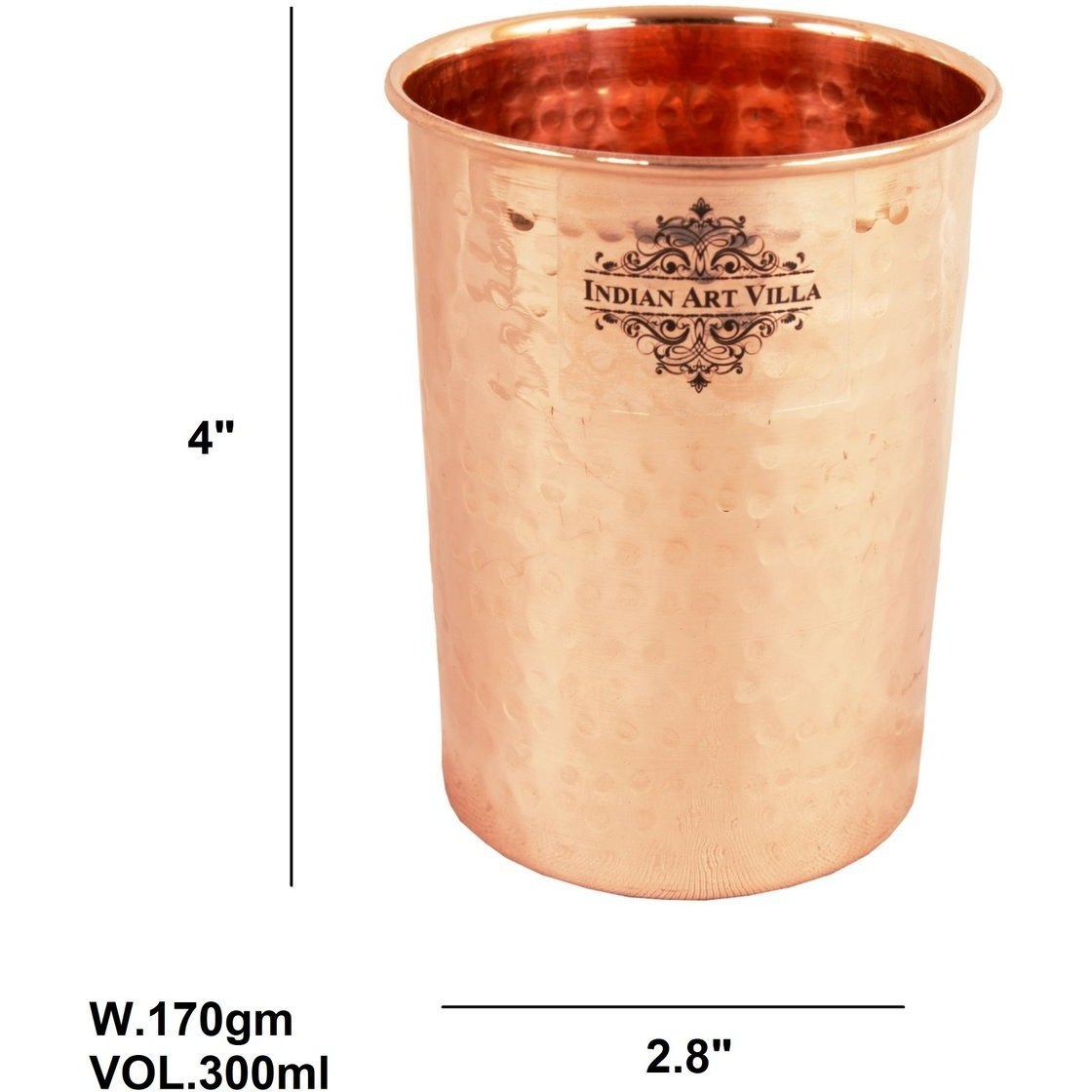 IndianArtVilla Pure Copper Large Flate Hammered Design Glass 10 Oz