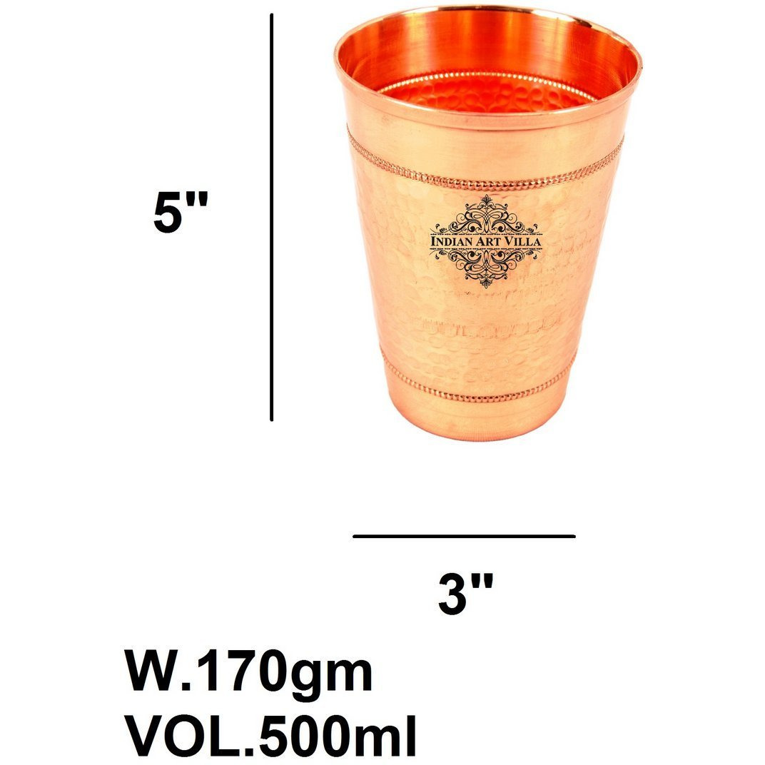 IndianArtVilla Pure Copper Big top Hammered Design Glass Tumbler & 2 Ring 16 Oz