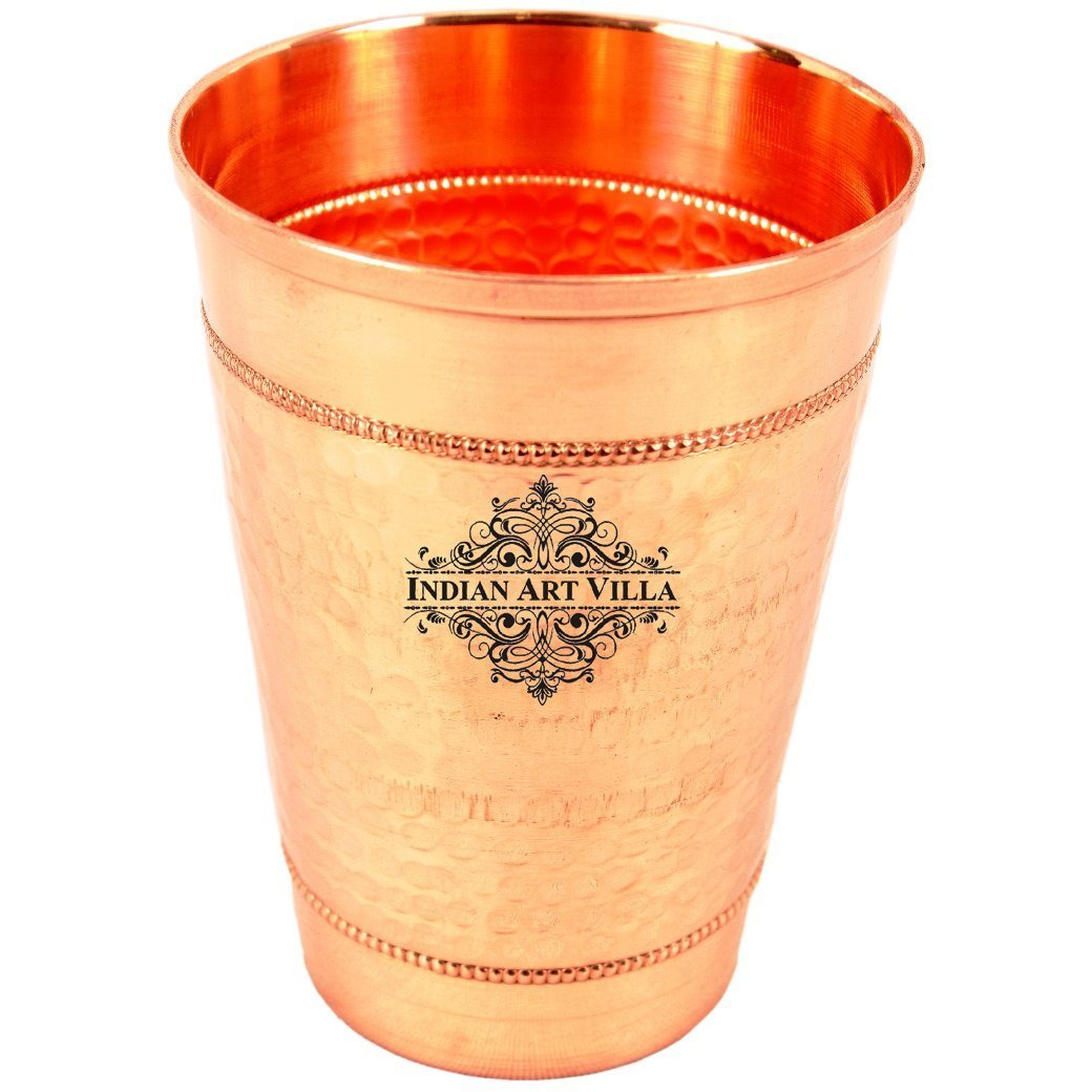 IndianArtVilla Pure Copper Big top Hammered Design Glass Tumbler & 2 Ring 16 Oz