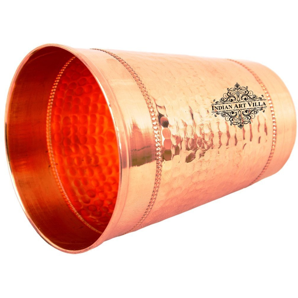 IndianArtVilla Pure Copper Big top Hammered Design Glass Tumbler & 2 Ring 16 Oz