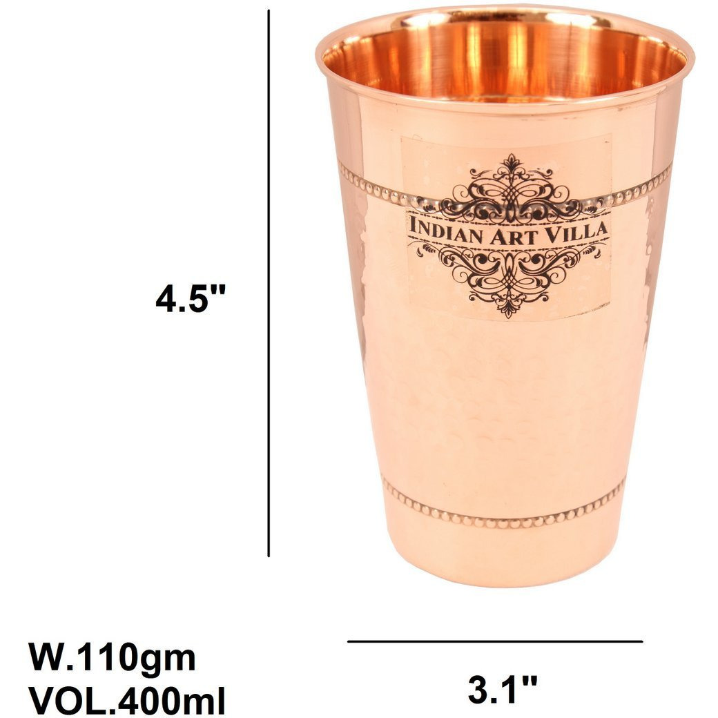 IndianArtVilla Copper Hammered Design Glass Tumbler with 2 Rings 13 Oz