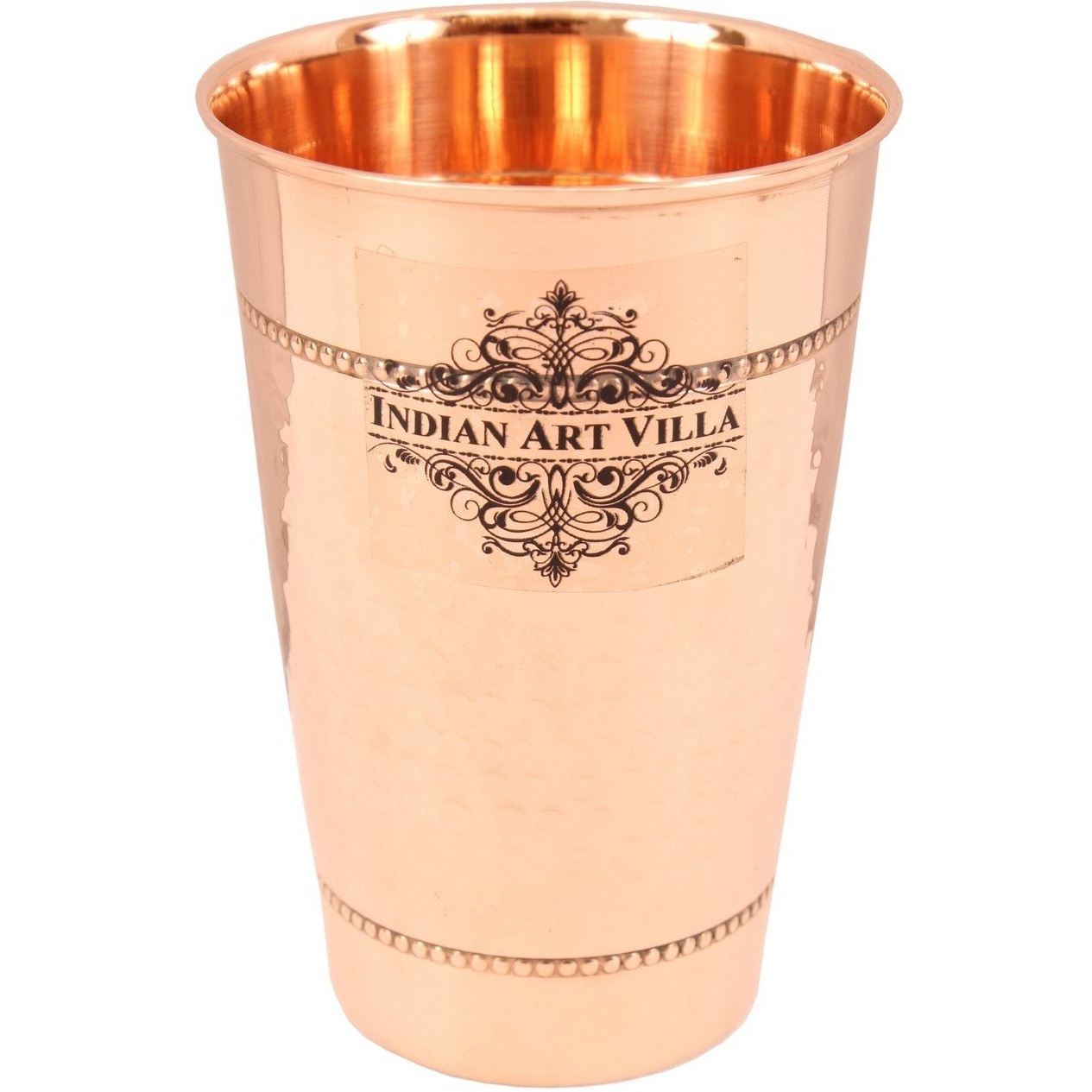IndianArtVilla Copper Hammered Design Glass Tumbler with 2 Rings 13 Oz