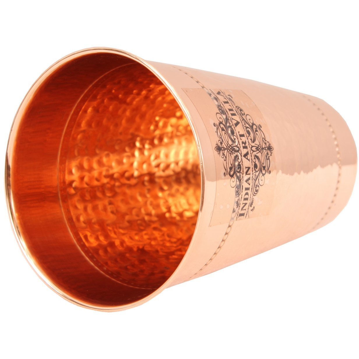 IndianArtVilla Copper Hammered Design Glass Tumbler with 2 Rings 13 Oz