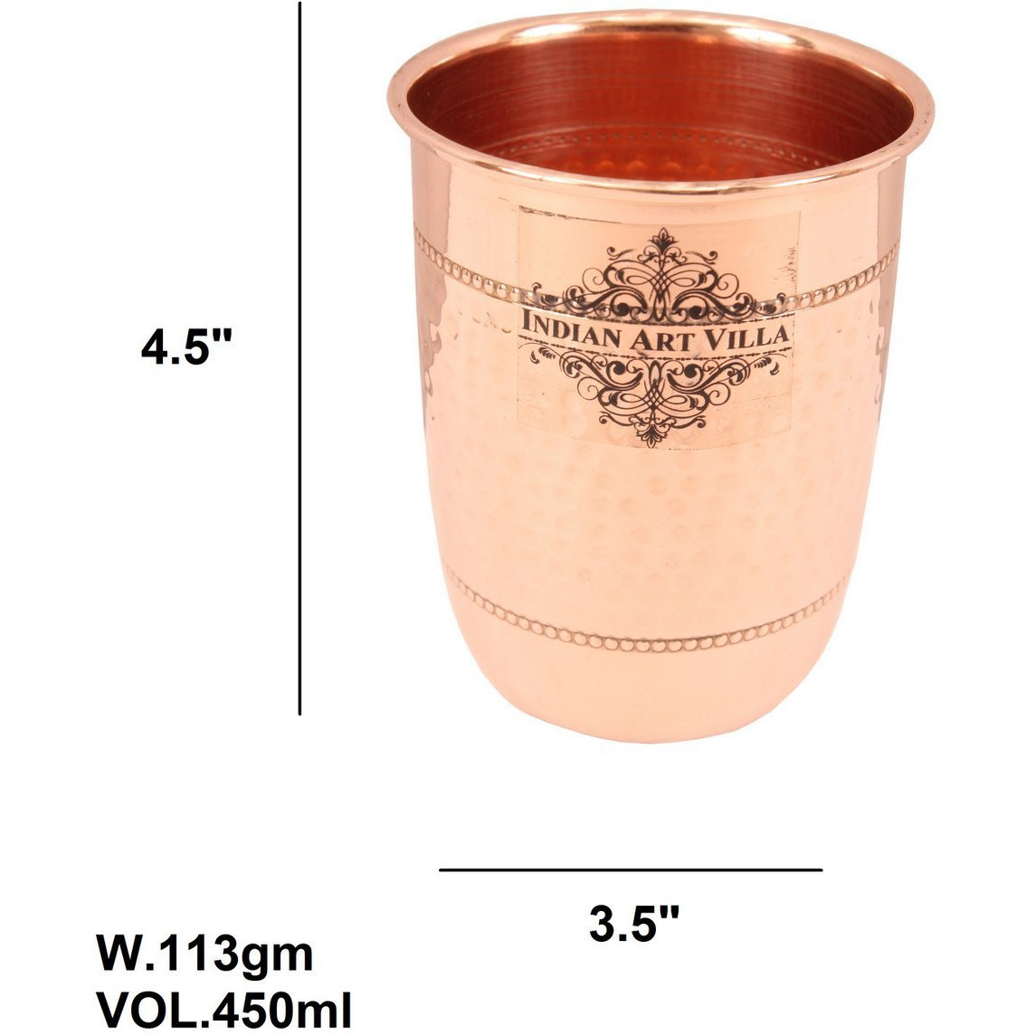IndianArtVilla Copper Hammered Design Glass Tumbler with 2 Rings 15 Oz