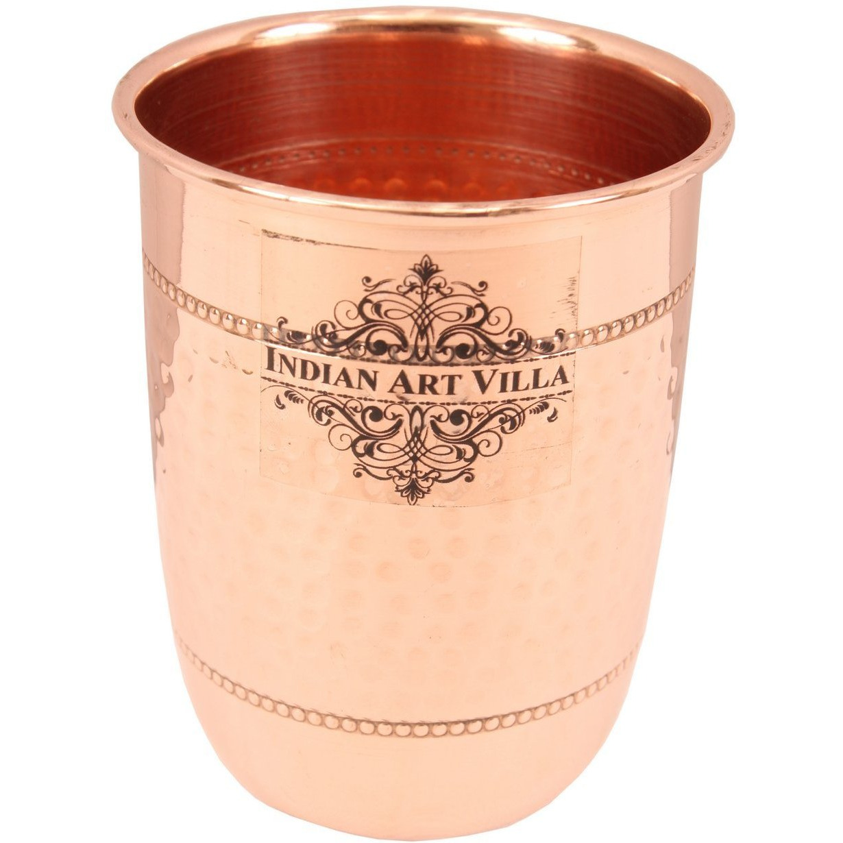 IndianArtVilla Copper Hammered Design Glass Tumbler with 2 Rings 15 Oz