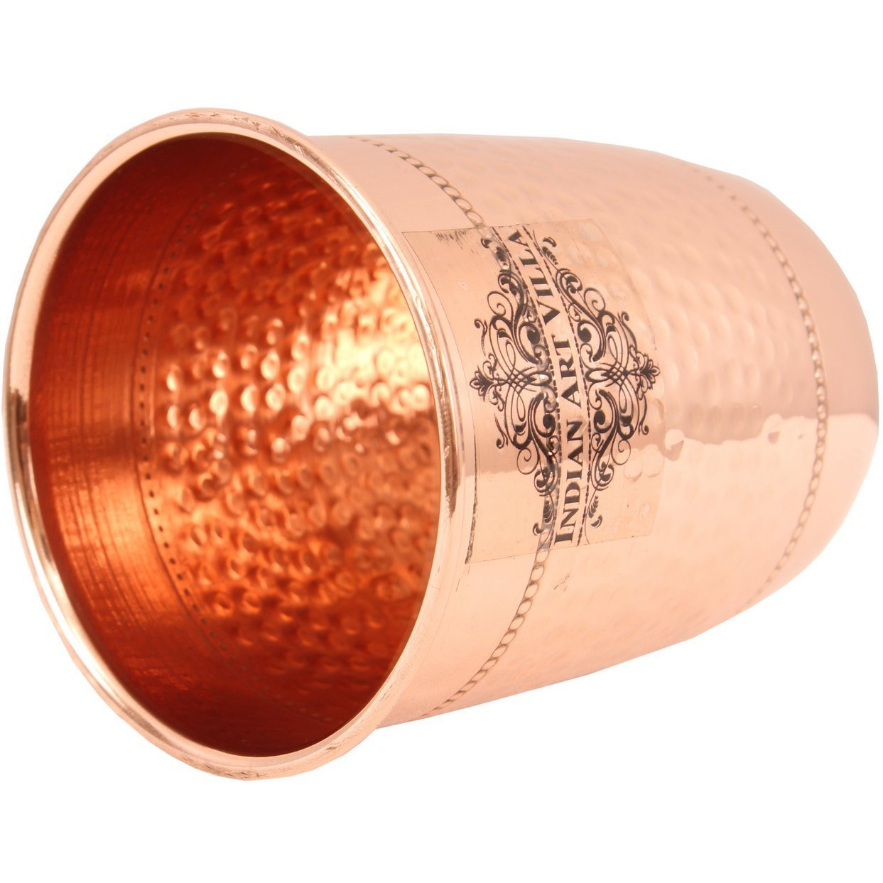 IndianArtVilla Copper Hammered Design Glass Tumbler with 2 Rings 15 Oz