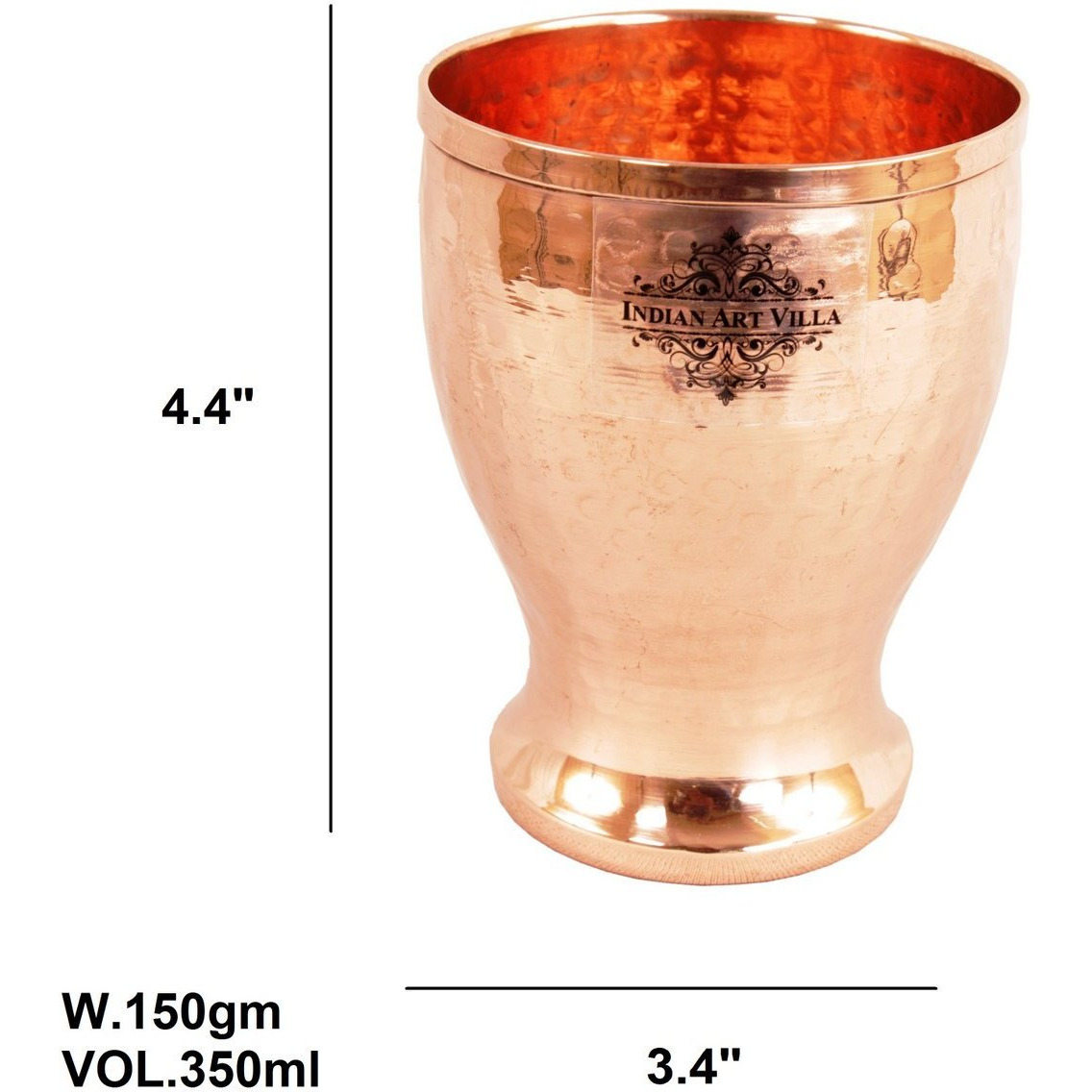 IndianArtVilla Pure Copper Hammered Design Glass Tumbler (Chauda Matha) 12 Oz