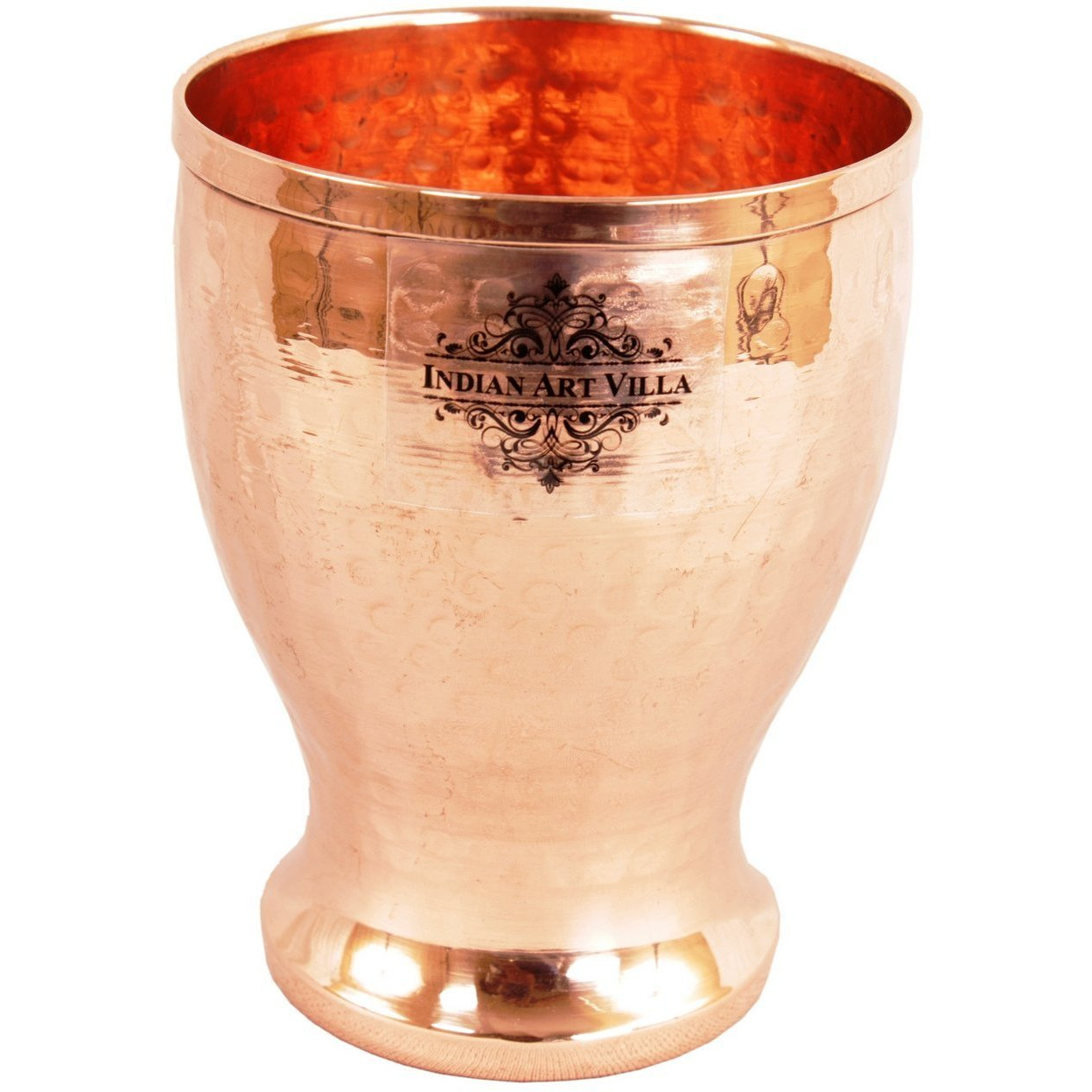 IndianArtVilla Pure Copper Hammered Design Glass Tumbler (Chauda Matha) 12 Oz